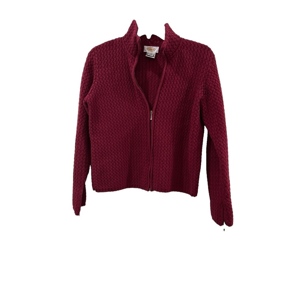 Talbots Womens Sz S Cardigan Burgundy Full Zipper Mock Neck Ribbed Cuff Zipper